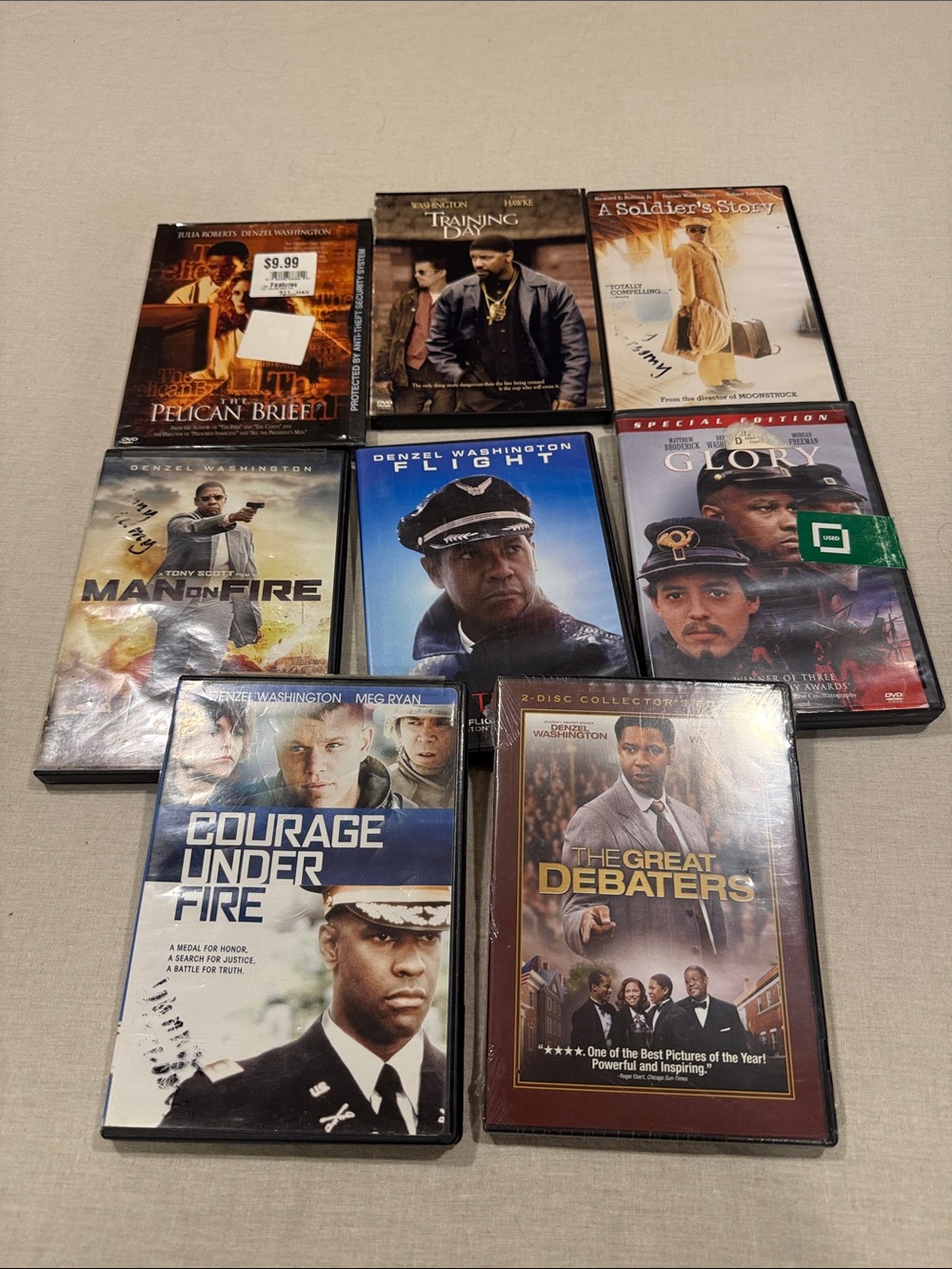 Denzel Washington DVD Lot - Assorted Movie Collection (Blue, Black, Red, Brown)